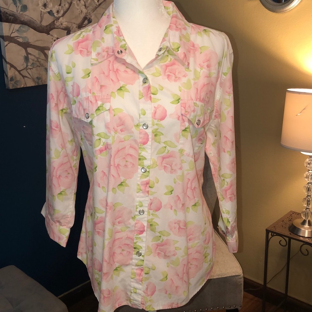 Liz Claiborne Button Down Rose Pattern Top Sz XL